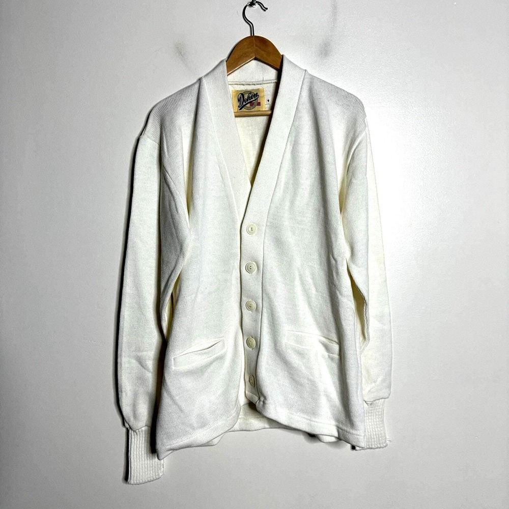 Dehen Cardigan Sweater Mens 46 XL White Solid Vintage Shawl Collar Knit USA Made